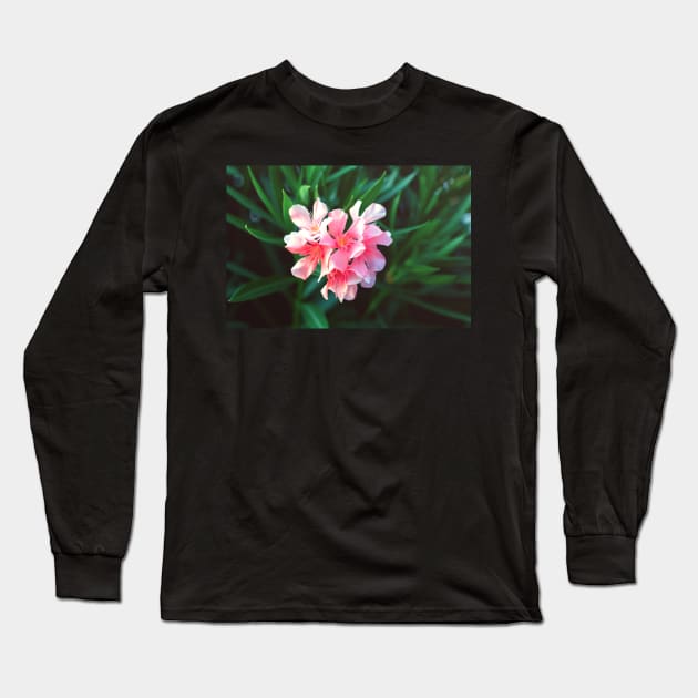 Pink Nerium oleander flower against natural green background Long Sleeve T-Shirt by lena-maximova